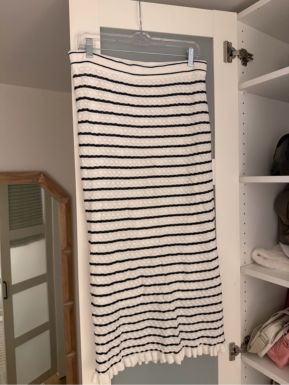 Ann Taylor White and Black Striped Knit Midi Skirt